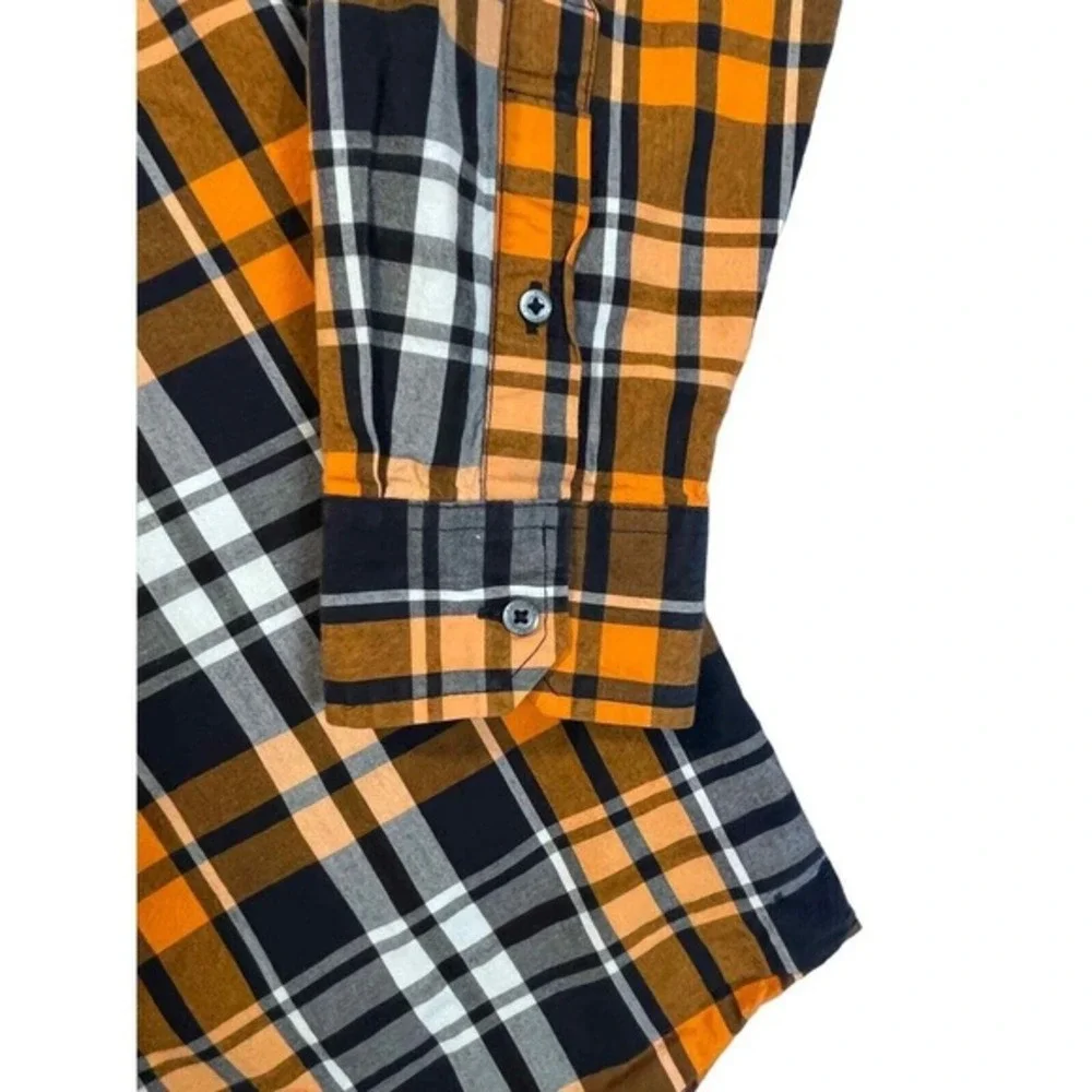 American Eagle Men's Size Large Prep Fit Orange‎ Black Plaid Long Sleeve Button